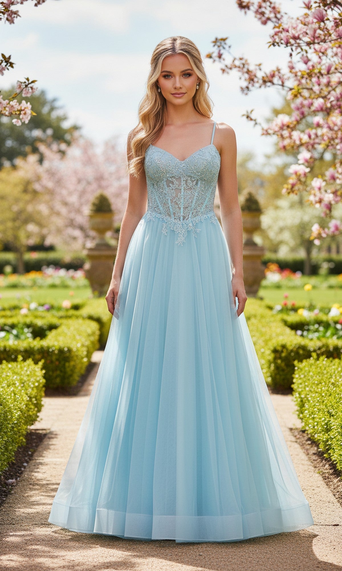 A woman stands outdoors among blooming trees, wearing the La Femme 33436 long prom dress—a light blue sleeveless gown with lace details and thin straps—surrounded by manicured hedges.